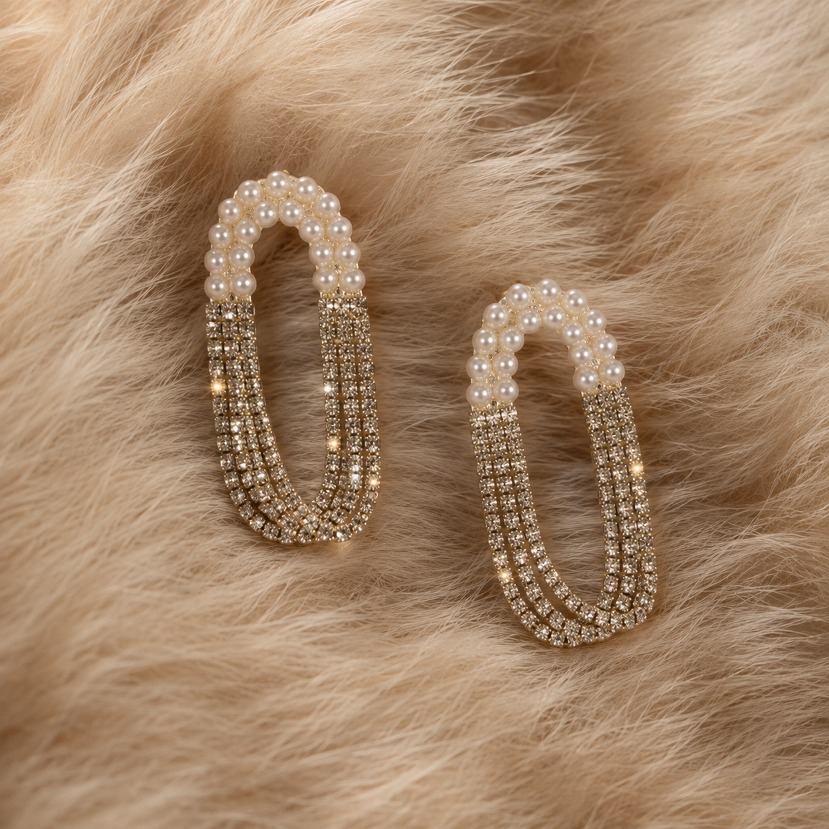 Korean diamond pearl oval tassel earrings