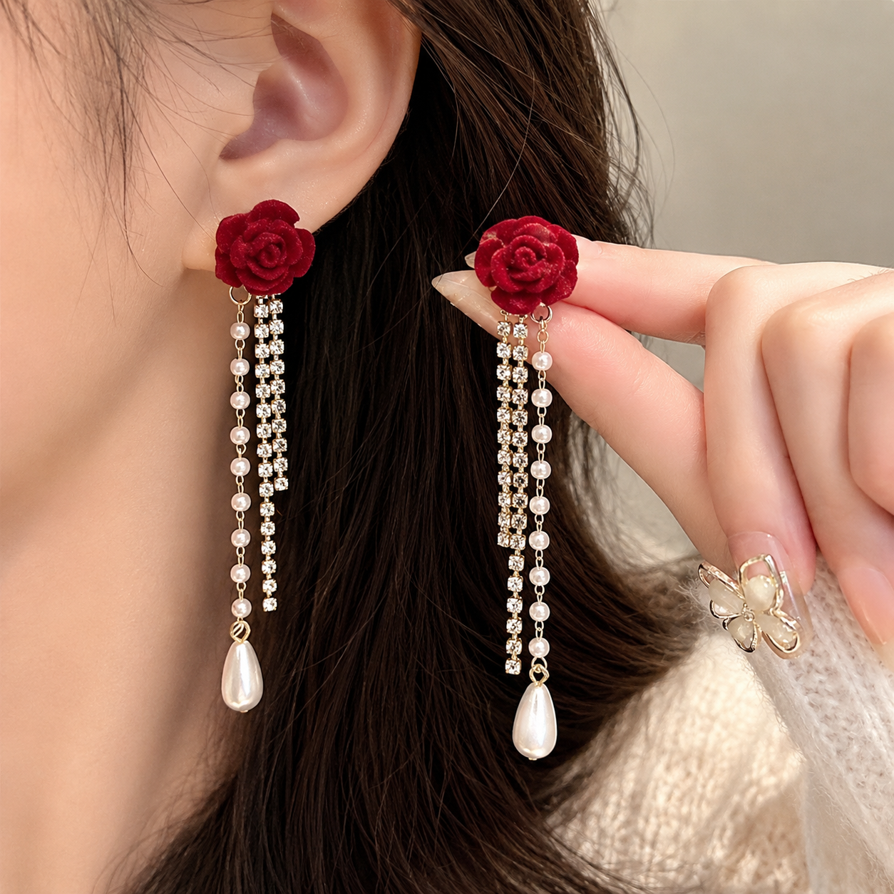 Crimson Rose Pearl Cascade Earrings