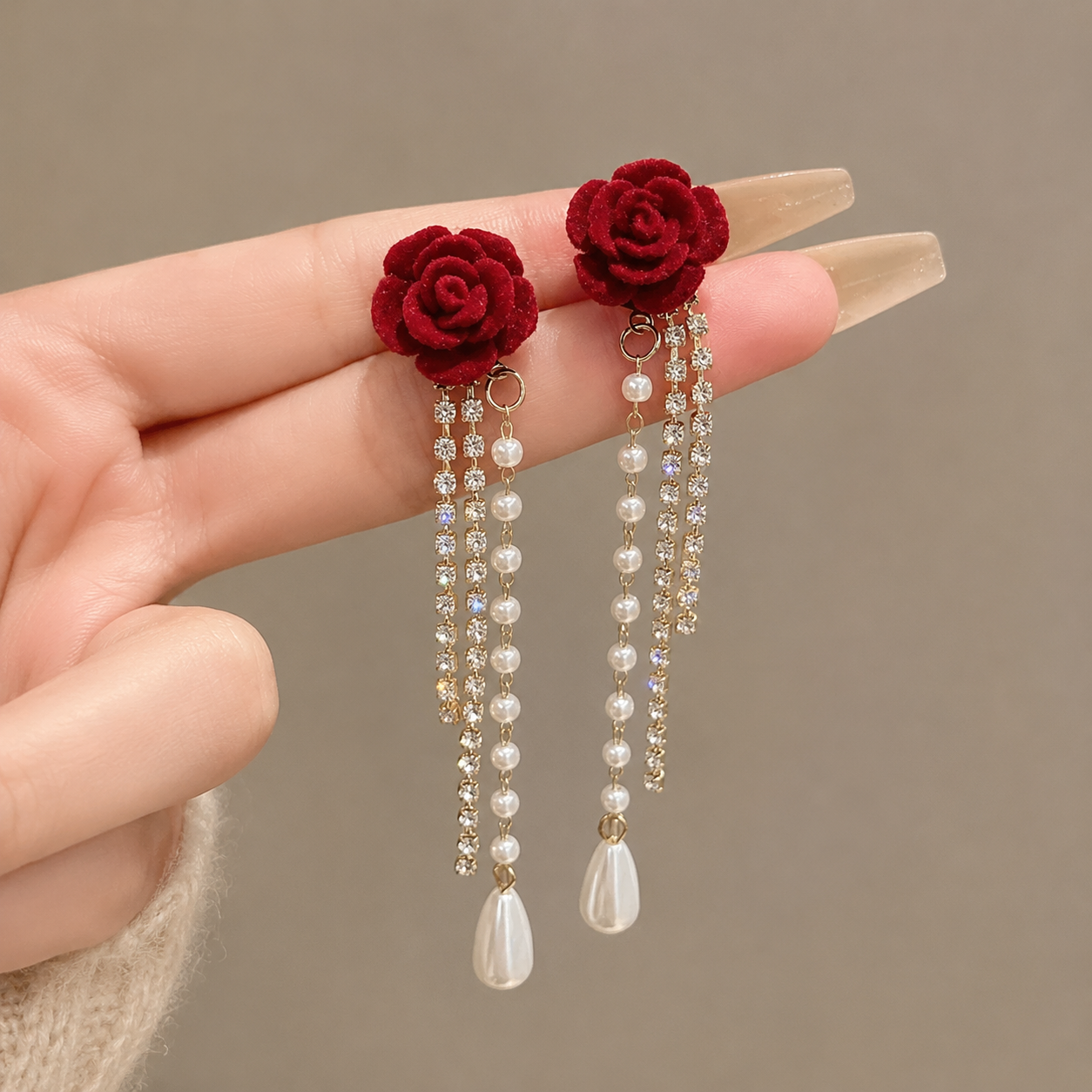 Crimson Rose Pearl Cascade Earrings