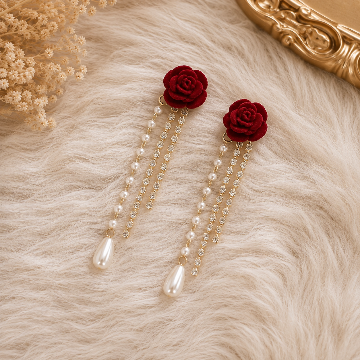 Crimson Rose Pearl Cascade Earrings