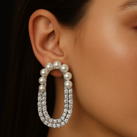 Korean diamond pearl oval tassel earrings