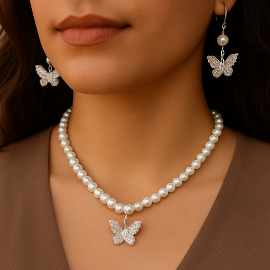 Butterfly Charm Pearl Necklace Set