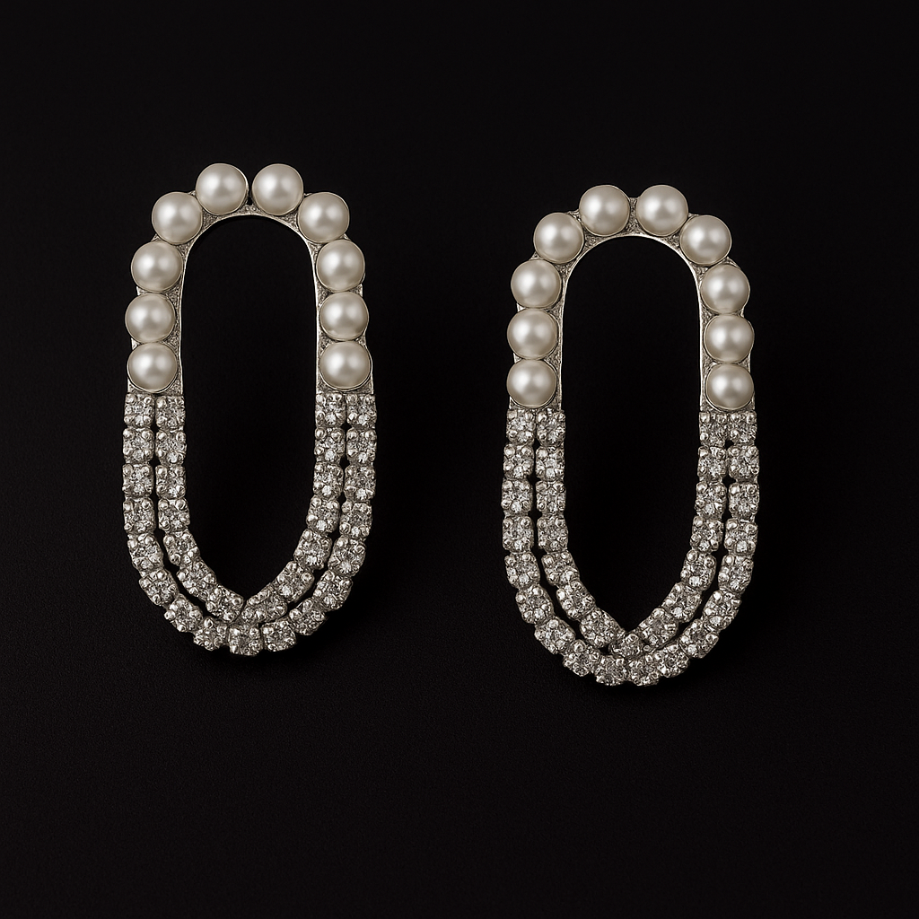 Korean diamond pearl oval tassel earrings