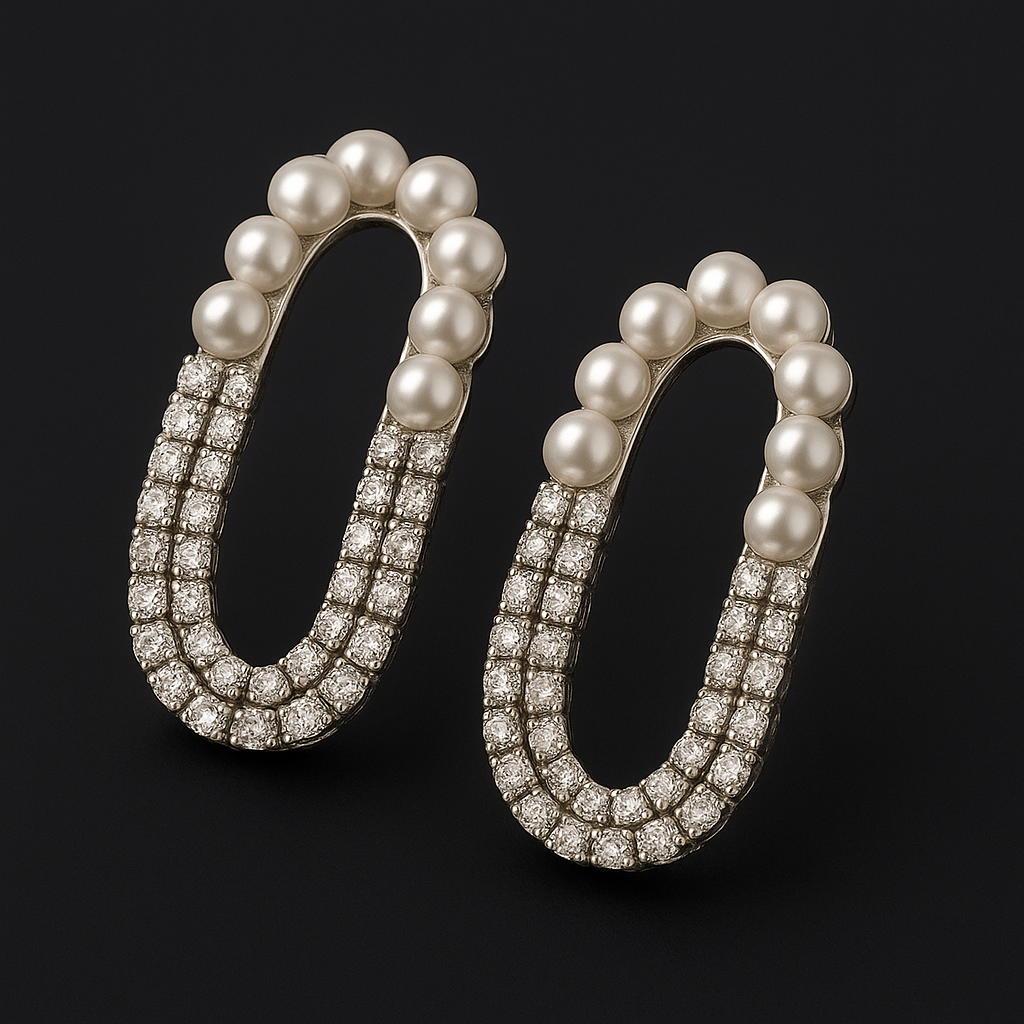 Korean diamond pearl oval tassel earrings