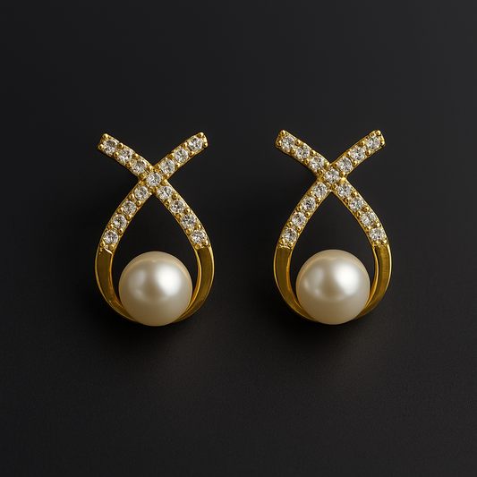 Golden Infinity Pearl Cross Earrings