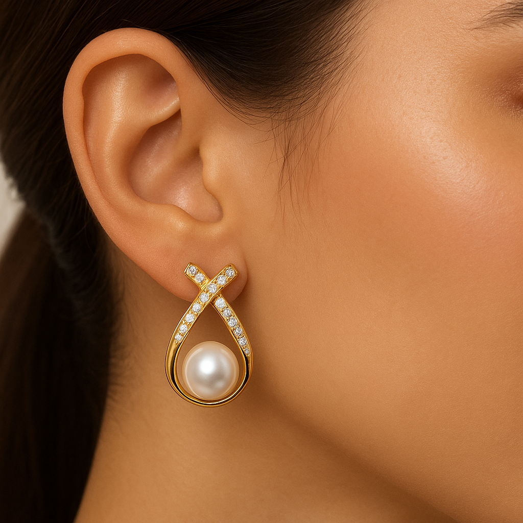 Golden Infinity Pearl Cross Earrings