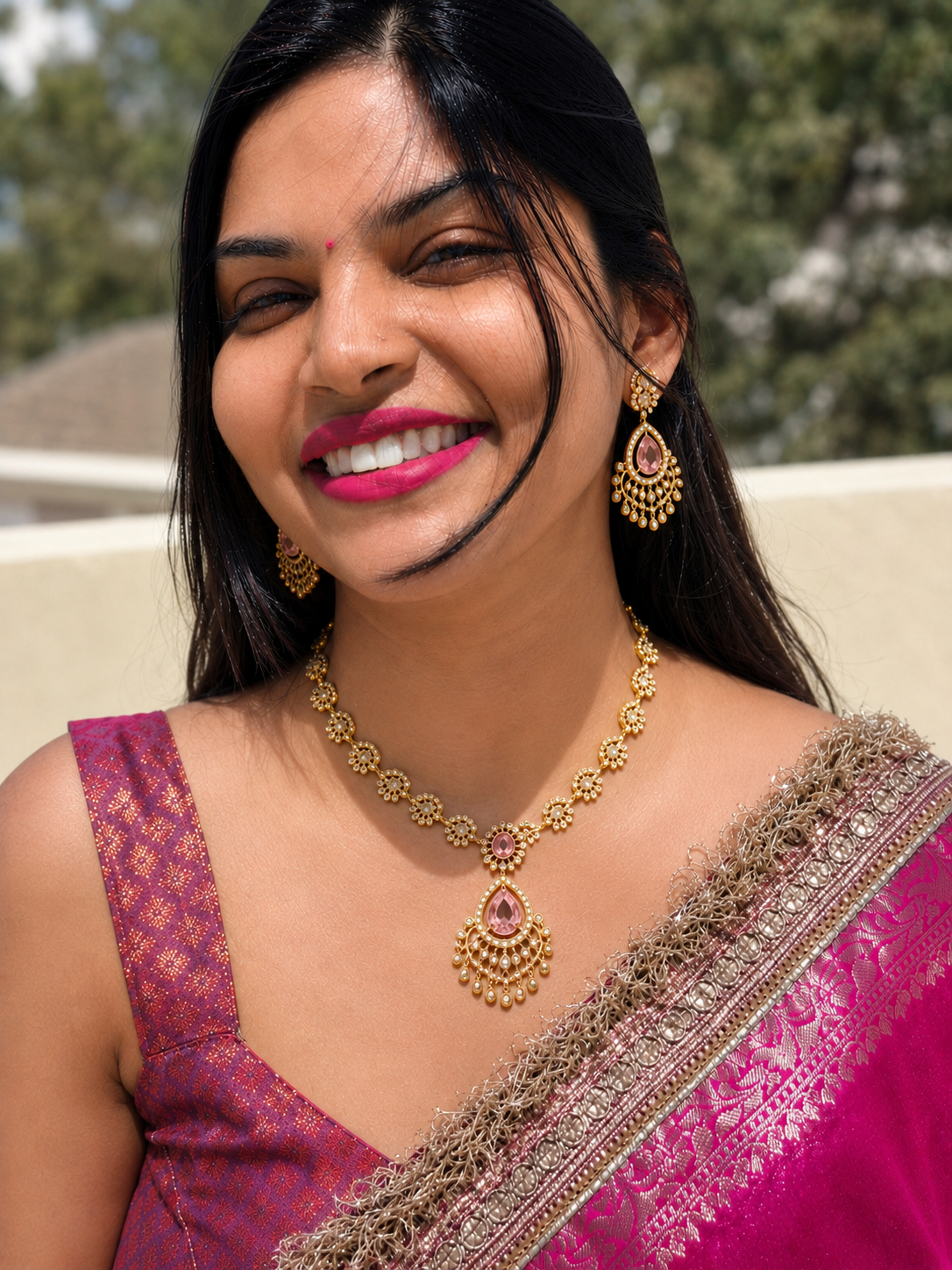 Pink Chaandbali Necklace Set