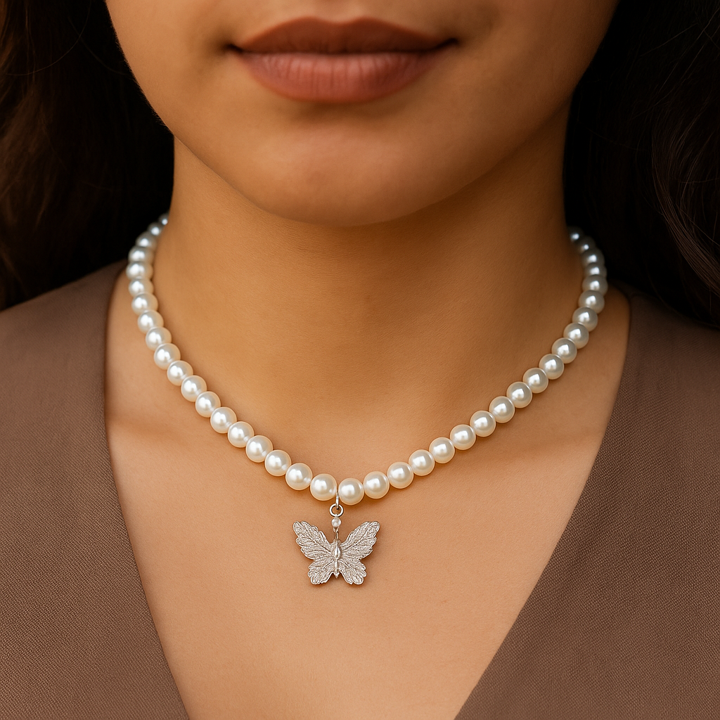 Butterfly Charm Pearl Necklace Set