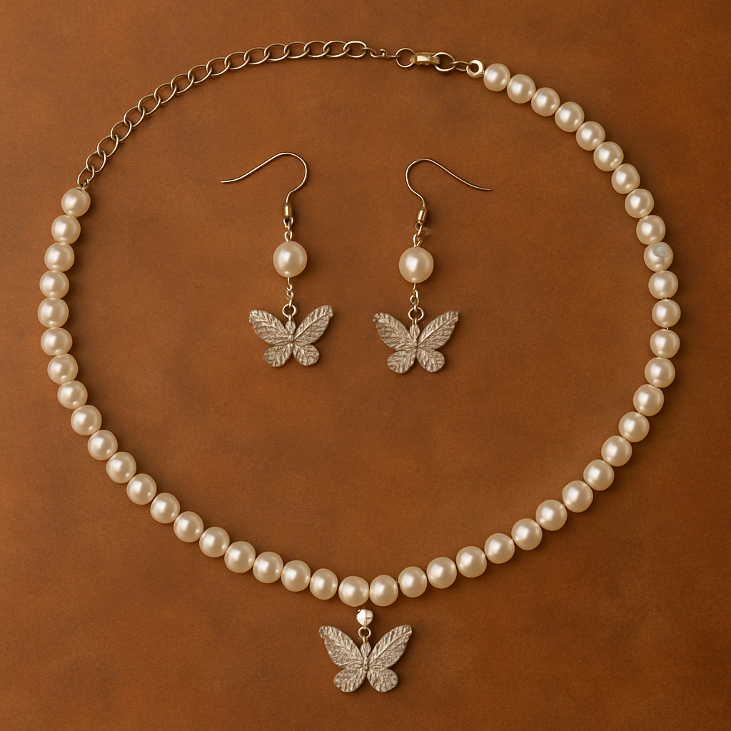 Butterfly Charm Pearl Necklace Set