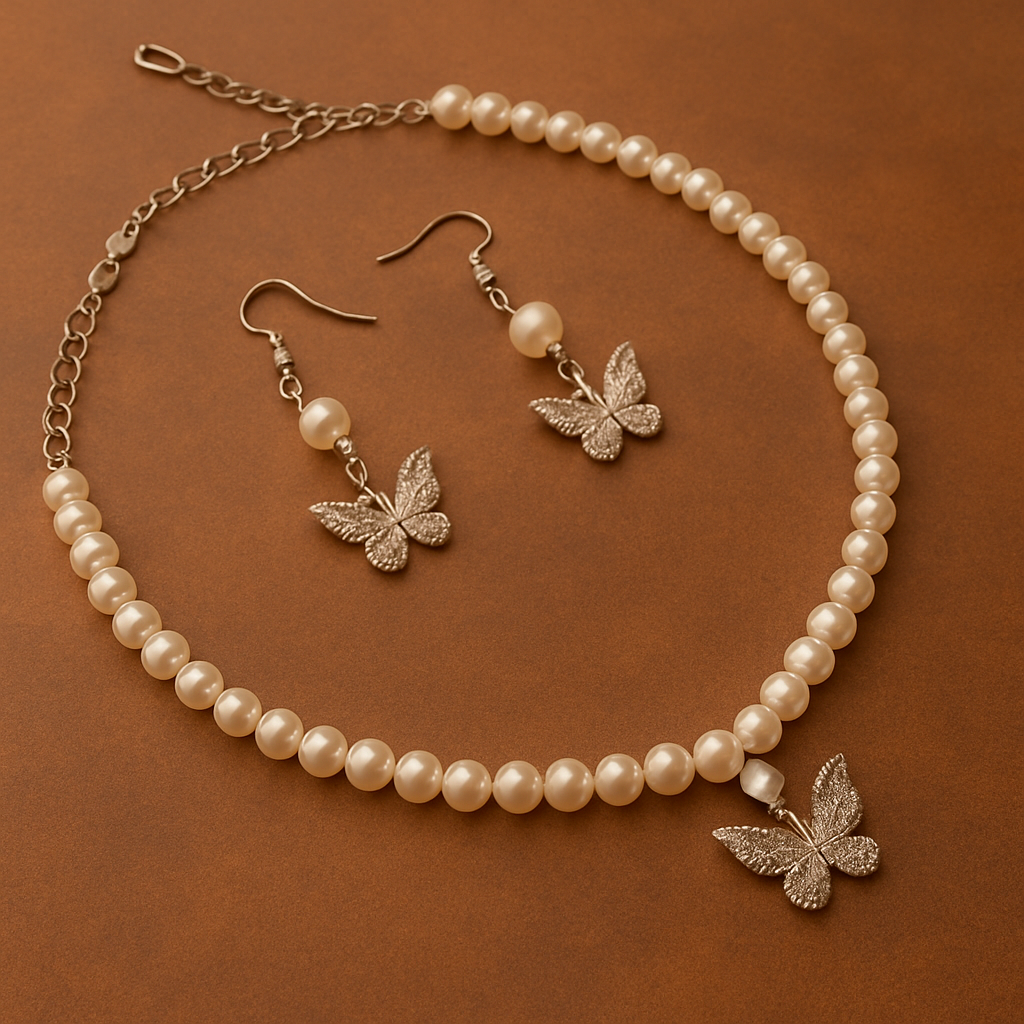 Butterfly Charm Pearl Necklace Set