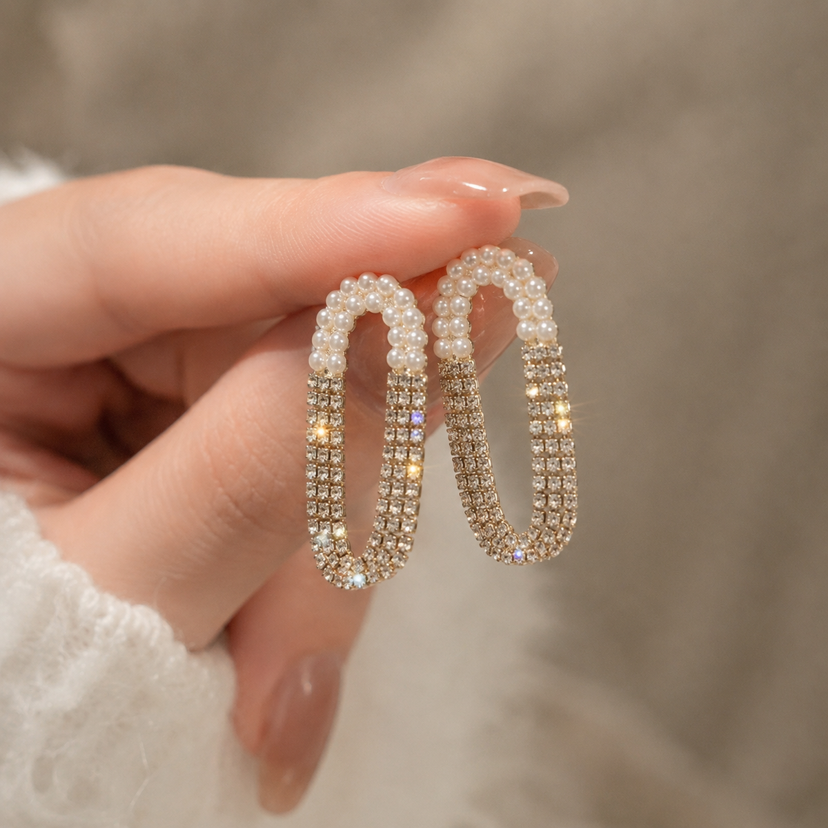 Korean diamond pearl oval tassel earrings