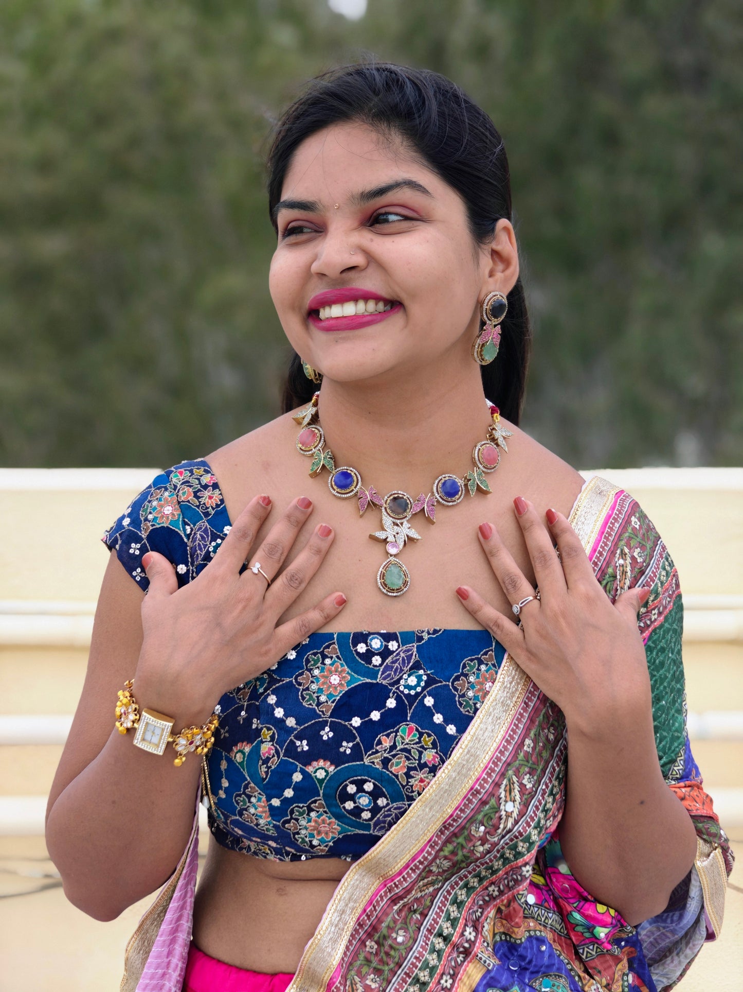 Multicolor Gemstone Butterfly Sabyasachi Necklace Set