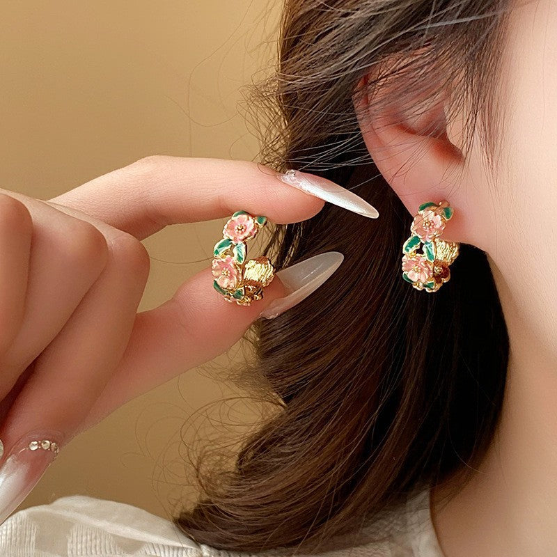 Rose romantic French flower C-shaped earrings