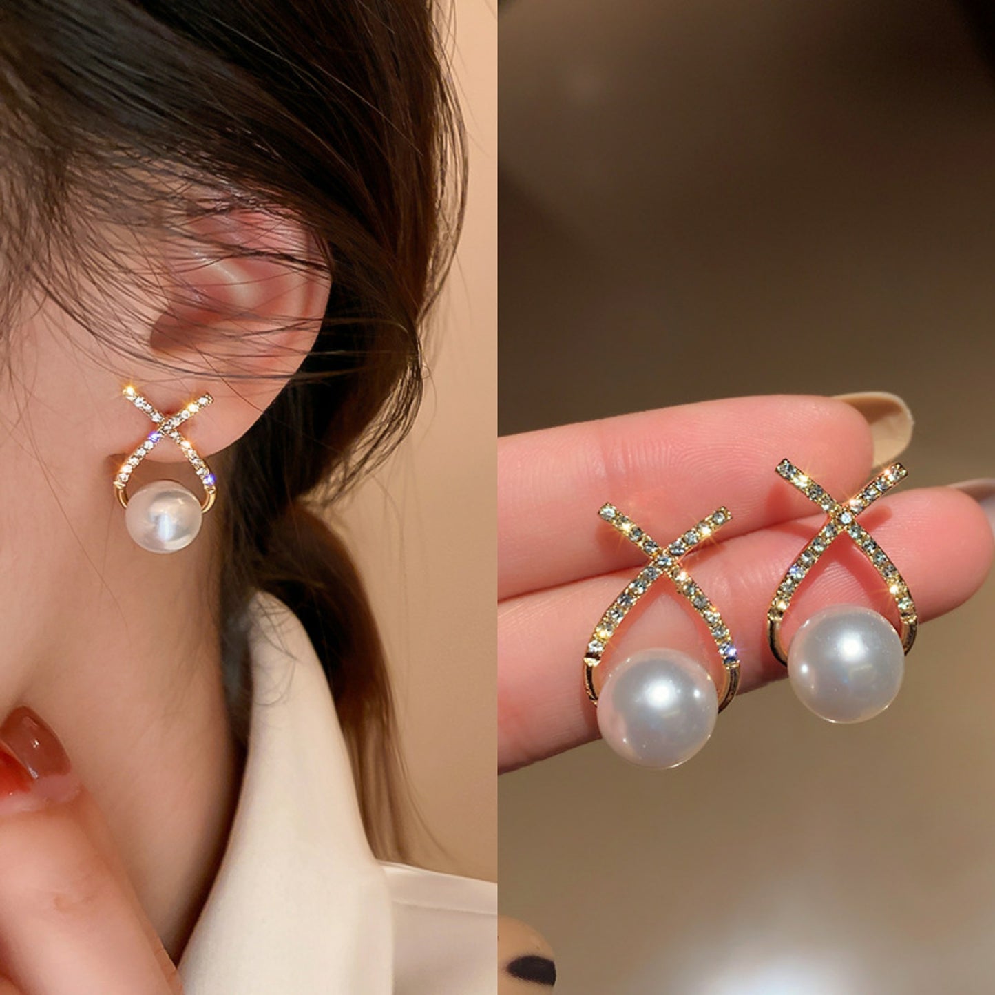 Golden Infinity Pearl Cross Earrings