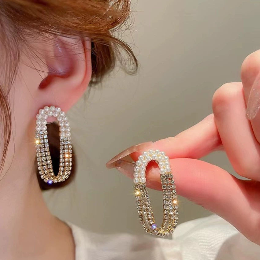 Korean diamond pearl oval tassel earrings