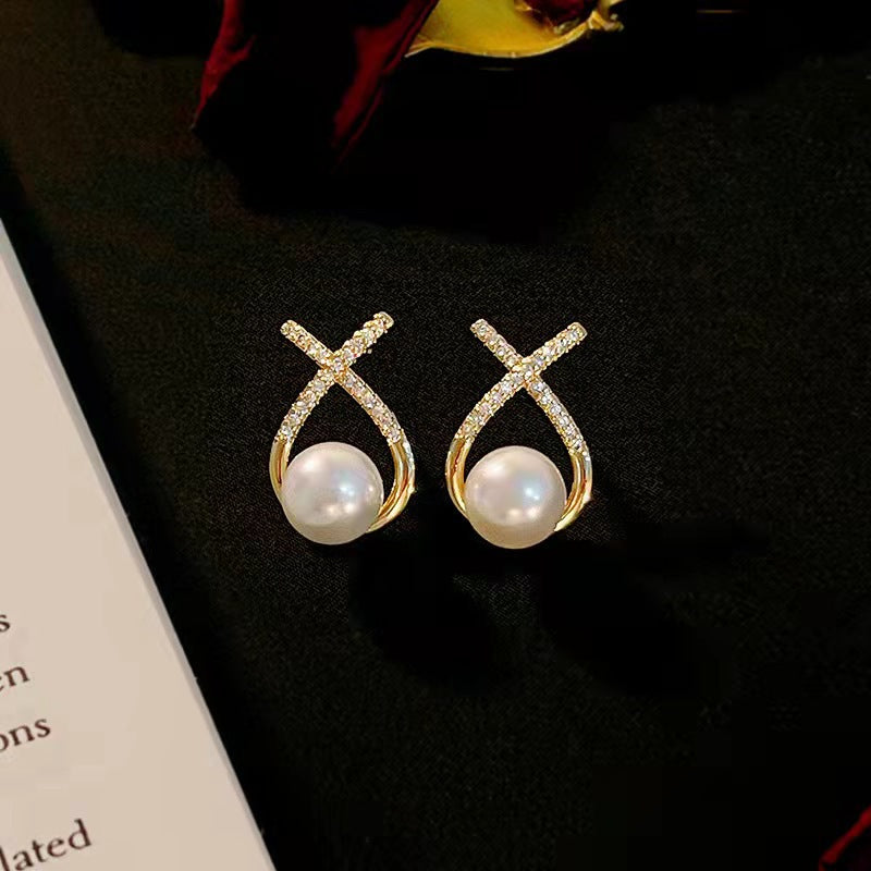 Golden Infinity Pearl Cross Earrings