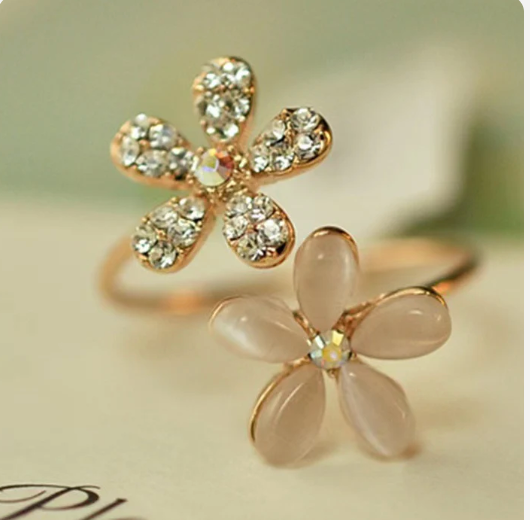 Small fresh cat's eye stone flower index finger ring