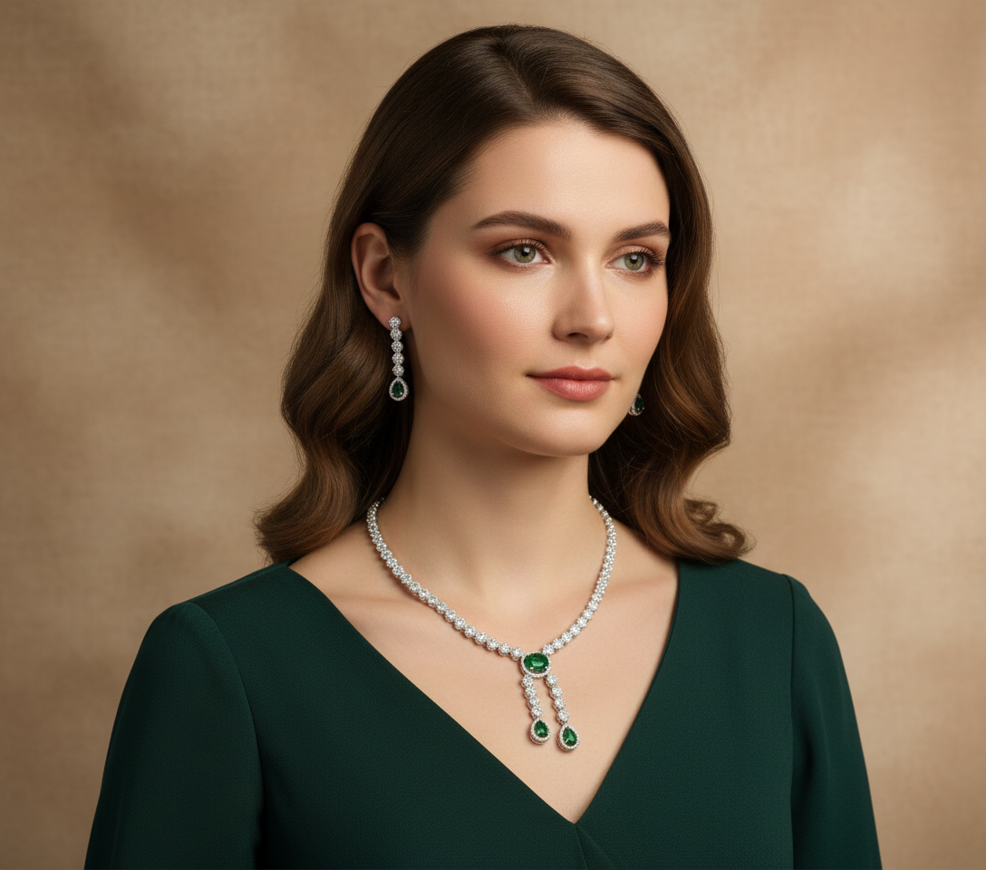 Emerald Halo Elegance Necklace Set